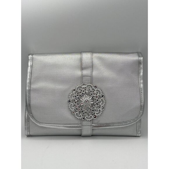 Silver Foldable Travel Jewelry Organizer With Embellished Button Closure - Picture 1 of 10